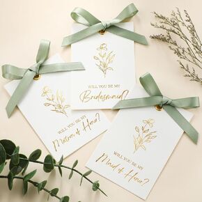 11 Pcs Bridesmaid Proposal Card with Ribbon Bow Floral Metallic Bridal Gift 8 Will You Be My Bridesmaid 2 Maid of Honor 1 Matron of Honor Invitation for Wedding Bridal Shower (Sage Green Bow)