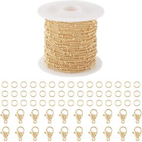 Pandahall 14K Gold Plated Stainless Steel Chains 16.4 Feet Pearl Beaded Necklace Chains for Jewelry Making & Golden Lobster Claw Clasps Open Jump Ring for Men Women DIY Jewelry Making Bracelet
