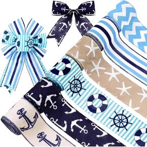 6Rolls Nautical Wired Edge Ribbon 2.5Inch Navy Blue Anchor Waves Stripes Starfish Printed Fabric Ribbon for Baby Shower Summer Holidays Under The Sea Party Craft Supplies, 30 Yards