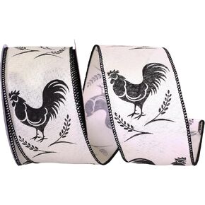 Reliant Ribbon 94101W-982-40F Rooster Linen Silhouette Wired Edge Ribbon, 2-1/2 Inch X 10 Yards, White/Black
