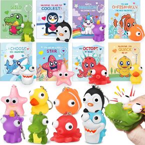 24 Pack Valentines Day Cards with Squeeze Animal Popping Eye Keychains, Valentines Cards for Kids, Fidget Toys for Classroom School Valentine's Gifts Exchange, Valentine's Party Favor Prizes for Kids