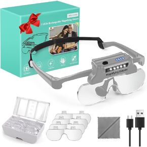 Magnifying Glasses with Lights,Rechargeable Hands Free Headband Magnifying Glasses for Close Work with 5 LEDs, 5X 3.5X 2.5X 1.5X Professional Jeweler's Loupe Lighted Magnifier (Grey)