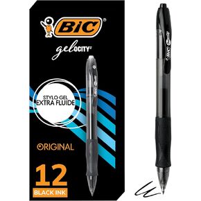 BIC Gelocity Original Black Gel Pens, Medium Point (0.7mm), 12-Count Pack, Retractable Gel Pens With Comfortable Grip