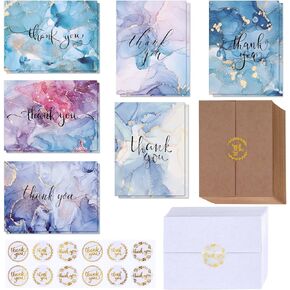 Winlyn 150 Sets Bulk Blank Thank You Cards with Envelopes Stickers Assortment 6 Designs of Watercolor Marbling Thank You Greeting Cards Note Cards for Wedding Baby Bridal Shower Birthday All Occasions