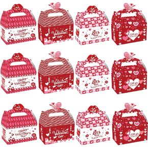Valentine's Day Treat Boxes Red Pink Heart Love Prints Goody Bags Candy Cookie Container Holder Valentines Paper Gift Candy Bags for Happy Valentine's Day Wedding Anniversary Party Supplies 12Pcs