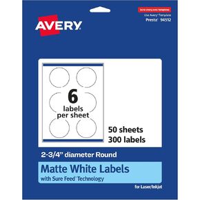 Avery Matte White Round Labels with Sure Feed, 2.75" Diameter, 150 Matte White Printable Labels