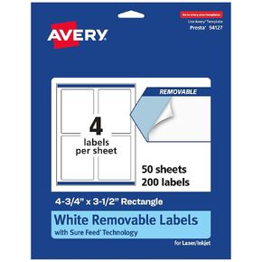 Avery Matte White Removable Rectangle Labels with Sure Feed Technology, Print-to-The-Edge, 4.75" x 3.5", 60 Removable Labels, Laser/Inkjet Printable Labels