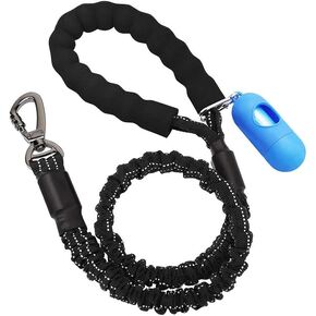 Bungee Dog Leash with Poop Bag Dispenser - Tangle-Free 360° Swivel & EVA Foam Handle, Reflective Heavy Duty Shock Absorbing Leash, Rust-Proof Lock for Walking/Jogging (2.5ft - 4ft)