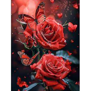 VODAPYC Diamond Art Kits for Adults, 5D Red Rose Butterfly Diamond Art Kits, DIY Full Drill Paint with Diamond, Diamond Painting Kits for Home Wall Decor (Box Package/12X16 Inch/Red Rose)