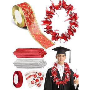 Extpro 10 Sets Graduation Candy Lei Making Kit, DIY Candy Lei Tubing Include 49ft Candy Lei Bags 147.6ft Ribbon 300Pcs Flower Pieces 10 Sheet Stickers for Graduation Congrats Celebrating Party (Red)
