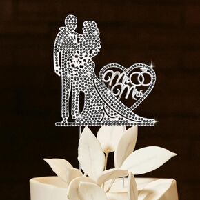 Wedding Cake Topper Rhinestone Metal Mr and Mrs Cake Topper Crystal Wedding Cake Decorations Bride and Groom Bridal Shower Theme Anniversary Party Silver Cake Topper