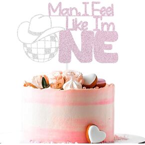 ديسكو رعاة البقر رعاة البقر 1 كعكة عيد ميلاد العاصفة ، زخارف حفلة عيد ميلاد سنة واحدة من الوردي والفضة اللمعان (رجل أشعر أنني واحد) in Kuwait