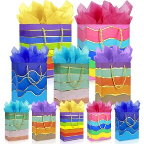 MUMULULU 10 Pack Gift Bags Assorted Sizes and Designs Gift Bags with Handle and Tissue Paper Birthday Gift Bags Rainbow Gift Bags for Birthday Party Baby Shower Wedding Holiday Presents