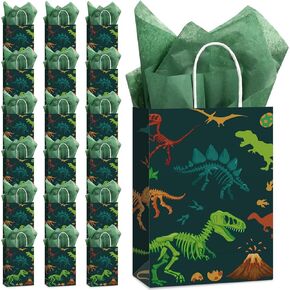 Capoda Dinosaur Favor Tote Bags with Tissue Paper Green Dino Treat Candy Goodies Gift Bags with Handle for Boy Girl Dinosaur Themed Birthday Baby Shower Party Decor(16 Pcs)