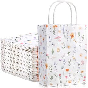 Kolldenn 24 Pcs Wildflower Welcome Bags for Wedding Hotel Guests White Paper Floral Gift Bags with Handles for Bridal Baby Shower Birthday Party Favor, 8.3'' x 5.9'' x 3.1''