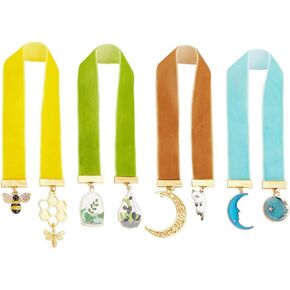 FINGERINSPIRE 4 Colors Velvet Ribbon Bookmark 12~12.7 inch Vintage Metal Charm Bookmark with Plant/Moon/Bee/Honeycomb/Cat Patterns Pendant Velvet Bookmarks for Students Women Men Book Lovers