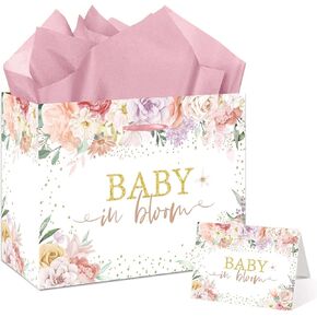 Baby Gift Bag Large Floral Baby in Bloom Gift Bag with Tissue Paper and Card with Envelope for Baby Girl Gifts, Birthday Kids – Pink Baby Shower Wrapping Paper for Baby Shower Party Decorations