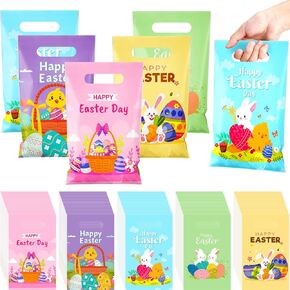 Chivertion 200 Pieces Easter Plastic Gift Bags Bulk Bunny Treat Party Favor Merchandise Goodie Bags with Handle for Easter Party Supplies