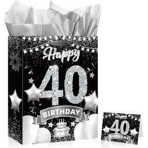 Rumia Black Silver 60th Birthday Gift Bag with Greeting Card, Tissue Paper and Handles for 60th Birthday Party Decorations