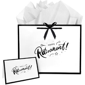 VFUNZA Retirement gifts for women/men, Bag for happy/funny/best retired, 13" Luxurious Black Edge White gift Bags