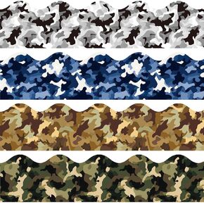Whaline 70.8Ft 72Pcs Camo Bulletin Board Borders Camouflage Scalloped Hunting Camo Self-Adhesive Border Trim Sticker Decals for Home Classroom Retirement Camping Themed Party Wall Decoration, 4 Design