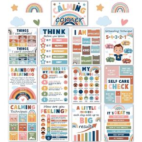 21 PCS Boho Calming Corner Classroom Posters Calm Down Corner Emotion Posters Mental Health Feeling Management Educational Posters Back to School Bulletin Board Wall Art Decor for School Office
