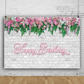 Pink Rose Happy Birthday Backdrop for Girls, Floral Happy Birthday Sign Party Banner for Women, Gold Flower Party Decoration Supplies(7X5 FT, Polyester)