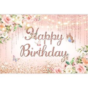 Pink Rose Happy Birthday Backdrop for Girls, Floral Happy Birthday Sign Party Banner for Women, Gold Flower Party Decoration Supplies(7X5 FT, Polyester)