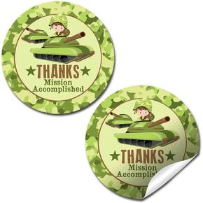 Mission Accomplished Army Tank Birthday Thank You Sticker Labels for Boys, 40 2" Party Circle Stickers by AmandaCreation, Great for Party Favors, Envelope Seals & Goodie Bags