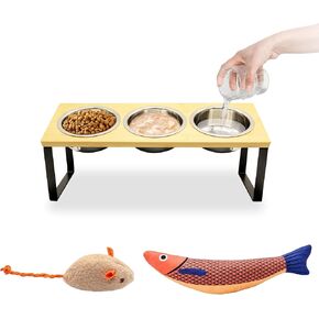 Elevated Cat Bowls with 3 Stainless Steel Bowls and 2 Catnip Cat Toys (Saury Fish and Plush Mice),15°Tilted Stand Raised Cat Bowls for Indoor Cats and Puppy