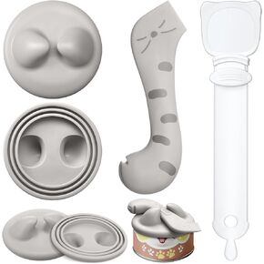 4 Pcs Pet Food Can Lids and Spoons Set, 2 Grey Silicone Dog Cat Food Can Covers Lids 1 Multifunctional Spatula Pet Can Opener and 1 Plastic Cat Food Spoon for Wet Food Pets Feeding Can