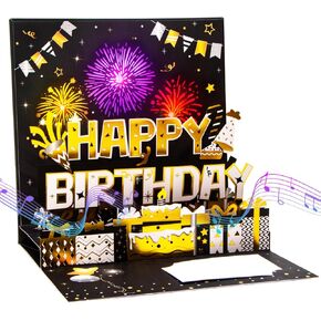 Ribbli Birthday Cards, Fireworks with Light and Music, Musical Pop Up Birthday Card for Men Women, 7.1 x 7.1 Inches with Envelope