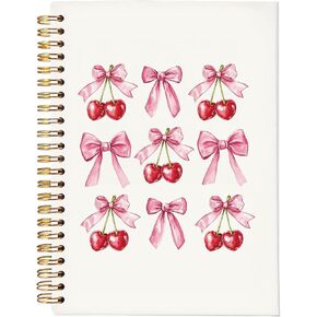 Coquette Pink Bow Cherry Notebook Journals, Cherry Gifts for Women, Preppy Cute Notebooks for Women Girls，Girly Stuff College Ruled Hardcover Spiral Notebook 5.5x8.3