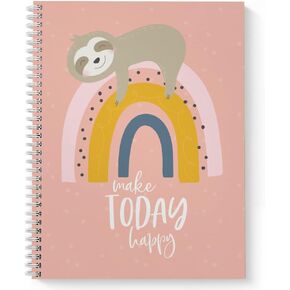 Softcover Make Today Happy 8.5" x 11" Motivational Sloth Spiral Notebook/Journal, 120 Wide Ruled Pages, Durable Gloss Laminated Cover, White Wire-o Spiral. Made in the USA