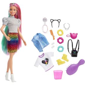 Barbie Doll Leopard Rainbow Hair with Color-Change Highlights & 16 Styling Accessories Including Clothes, Scrunchies, Brush & More