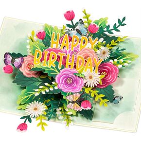 Happy Birthday Pop Up Card, Colorful Flowers and Butterflies, Beautiful, Elegant, Floral 3D Greeting Card, Ideal Gift for Mom, Sister, Women, Grandma, Stepmother, Aunt, Daughter, 5x7