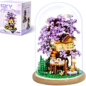 DIY Miniature Cherry Blossom Tree House Building Kit - Interchangeable Purple & Yellow Sakura Flowers - Building Blocks Set for Adults & Girls - Bonsai Tree Model with Dust Cover