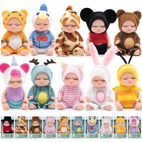 10 Pcs 4 Inch Mini Reborn Baby Dolls Realistic Baby Dolls Washable Tiny Babies with Animal Clothes Cute Baby Alive Doll Gifts Set for Girls Boys Toddlers and Kids Easter Christmas Birthday