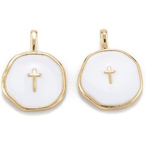 LiQunSweet 10 Pcs White Flat Round with Golden Color Cross Enamel Brass Charms Jesus Crucifix Religious Charms for DIY Jewelry Crafts Decoration