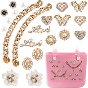 Charms for Bogg Bag Pearls Love Butterfly & Chain for Bogg Bag Accessories Charms Compatible with Simply Southern Beach Bag Tote Insert for Beach Tote Bag (22 Pcs)