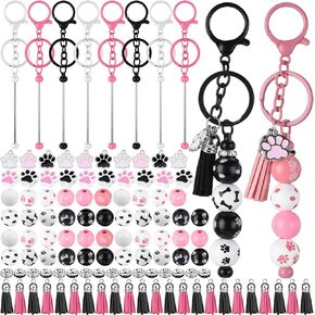 12 Sets Metal Beadable Keychain Bars with Wood Dog Paw Bone Beads Wooden Beads Bulk Pets Footprint Charm Animal Beads Keychain Kit for DIY Craft Party Decor (Pink, Black, White)