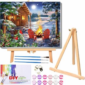 طلاء عيد الميلاد بواسطة أرقام أرقام للمبتدئين للمبتدئين مع حزمة مربع الإطار ، و EASEL DIY Wooden DIY كرسي الكاردينال للبالغين من أدوات الأرقام للديكور المنزلي 12x16in