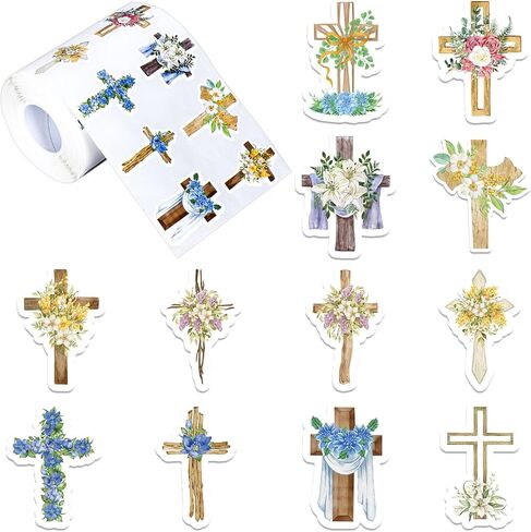 Whaline 1000Pcs Easter Crossing Stickers Roll Floral Cross Decals 12 Designs Assorted Flower Crossing Self-Adhesive Decorative Stickers for Spring Christian Holiday Scrapbook Journal Envelopes Decor in Saudi Arabia