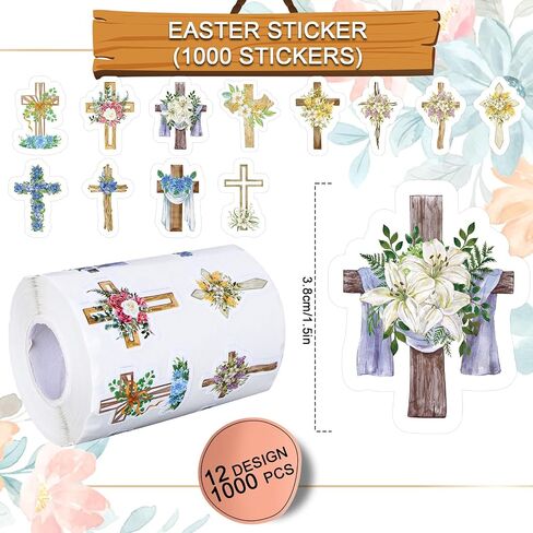 Whaline 1000Pcs Easter Crossing Stickers Roll Floral Cross Decals 12 Designs Assorted Flower Crossing Self-Adhesive Decorative Stickers for Spring Christian Holiday Scrapbook Journal Envelopes Decor in Saudi Arabia