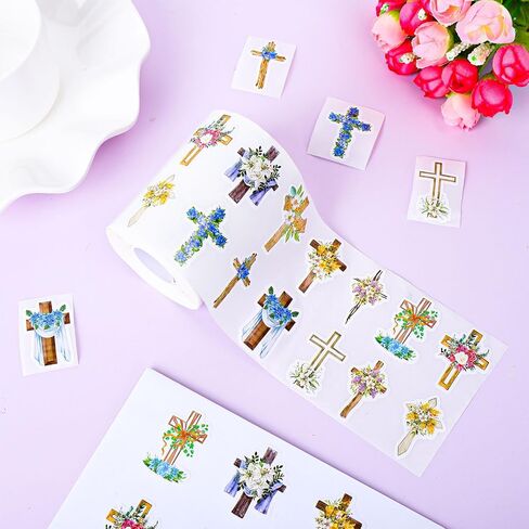 Whaline 1000Pcs Easter Crossing Stickers Roll Floral Cross Decals 12 Designs Assorted Flower Crossing Self-Adhesive Decorative Stickers for Spring Christian Holiday Scrapbook Journal Envelopes Decor in Saudi Arabia