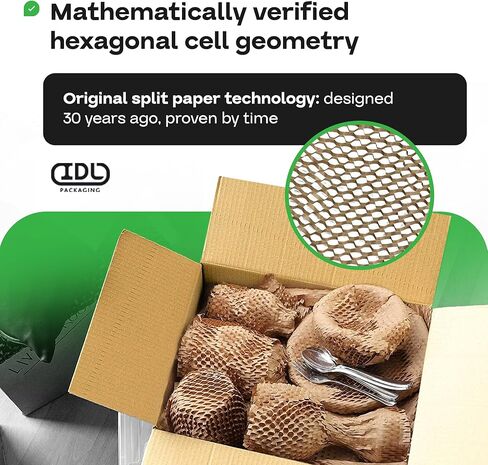 عبوة IDL الأصلية HexcelWrap Honeycomb Packing Kraft Paper 15.25 "× 300 'لفة في مربع مكتسب ذاتيًا ، أبيض - أول تصميم ورق متشابك حاصل على براءة اختراع للشحن in Kuwait