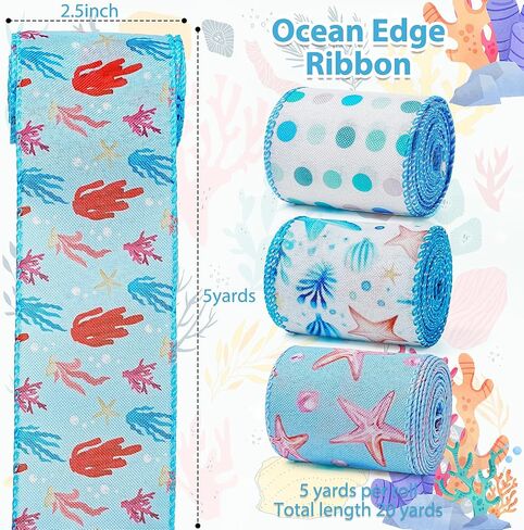 4 Rolls 20 Yards Summer Ribbon Nautical Ribbon Blue Corals Burlap Ribbon Ocean Wired Edge Ribbon for Summer Party Gift Wrapping Outdoor Hanging Party Decoration Supplies (Ocean) in Saudi Arabia