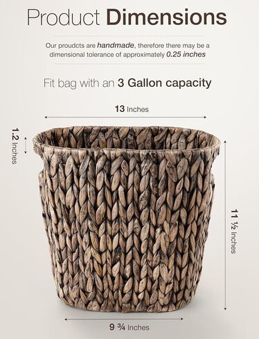 3.2 Gallons Wicker Woven Waste Basket - Water Hyacinth Trash Can with Handles - Seagrass Wastebaskets for Bedroom, Bathroom, Kitchen, Office - Handwoven Slim Trash Bin for Under Sink, Garbage in Saudi Arabia