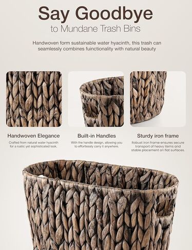 3.2 Gallons Wicker Woven Waste Basket - Water Hyacinth Trash Can with Handles - Seagrass Wastebaskets for Bedroom, Bathroom, Kitchen, Office - Handwoven Slim Trash Bin for Under Sink, Garbage in Saudi Arabia