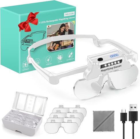 Magnifying Glasses with Lights,Rechargeable Hands Free Headband Magnifying Glasses for Close Work with 5 LEDs, 5X 3.5X 2.5X 1.5X Professional Jeweler's Loupe Lighted Magnifier (Grey) in Saudi Arabia